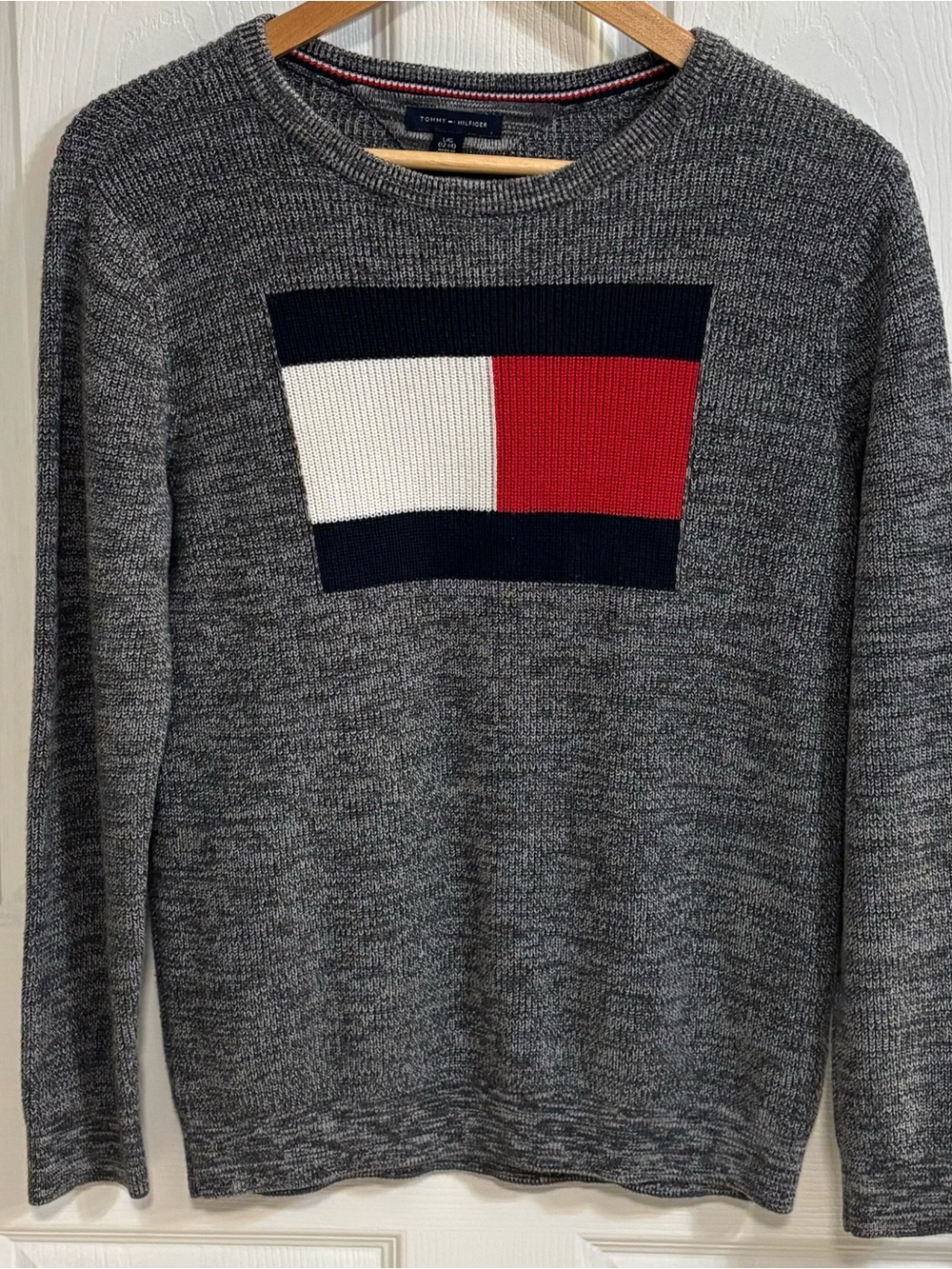 Tommy Hilfiger Women’s L 12-14 Flag Logo Knit Sweater Gray Marled Cotton